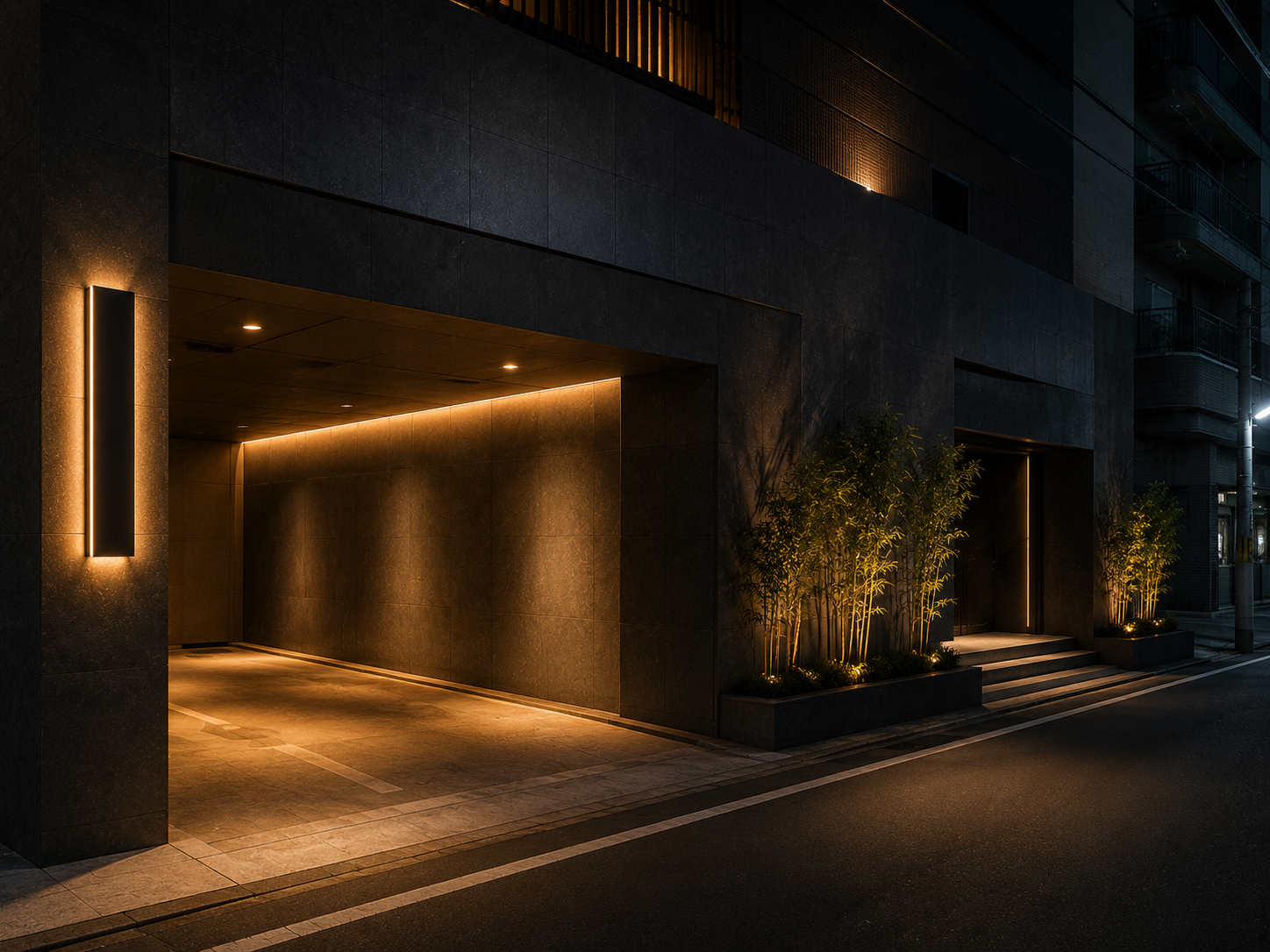 Discrete side entrance or parking-garage access typical of Tokyo love hotels—low-visibility entry editorial photo