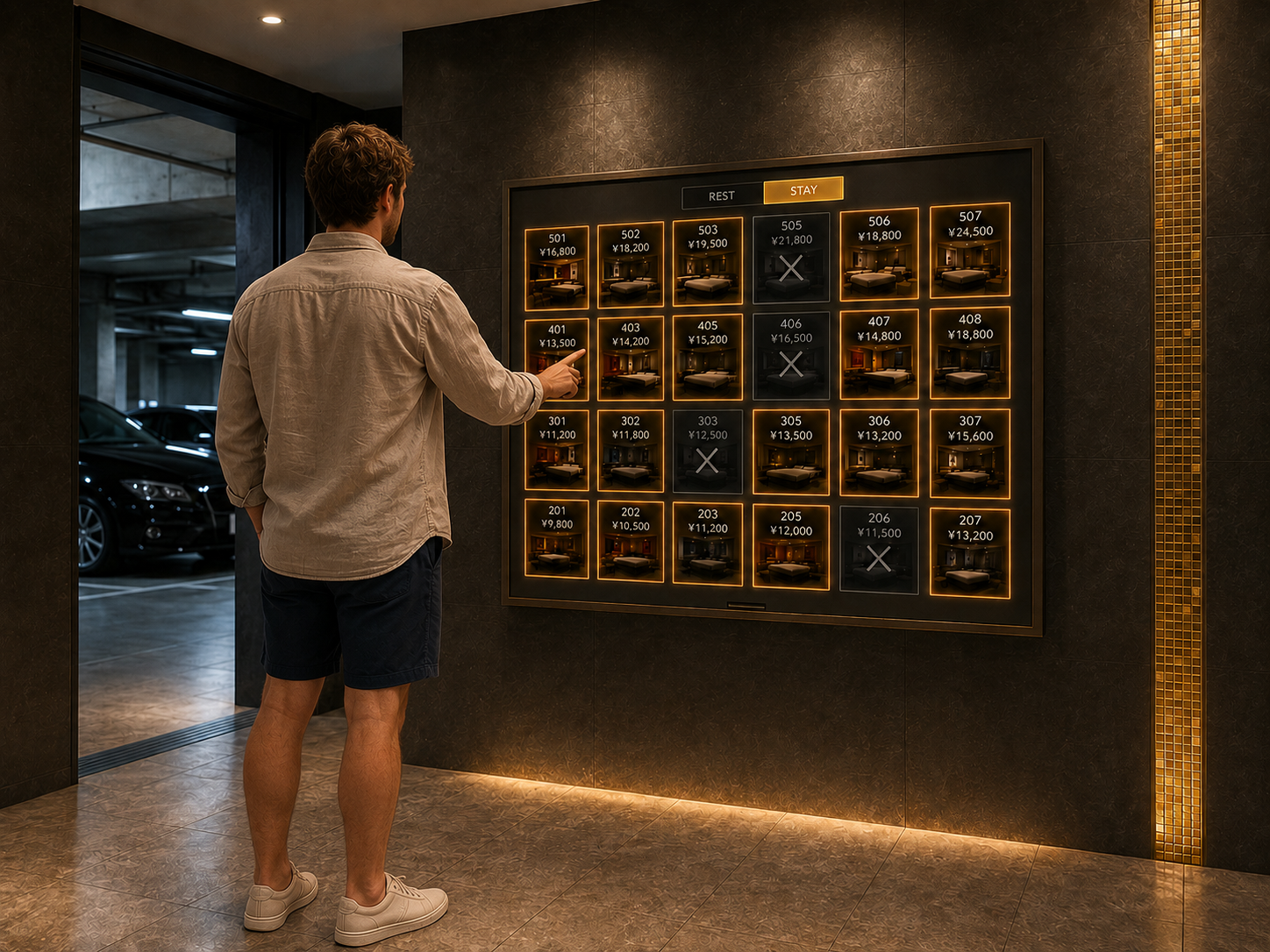 Love hotel corridor panel showing available room types and rates in Tokyo—illustrative editorial photo without identifiable branding
