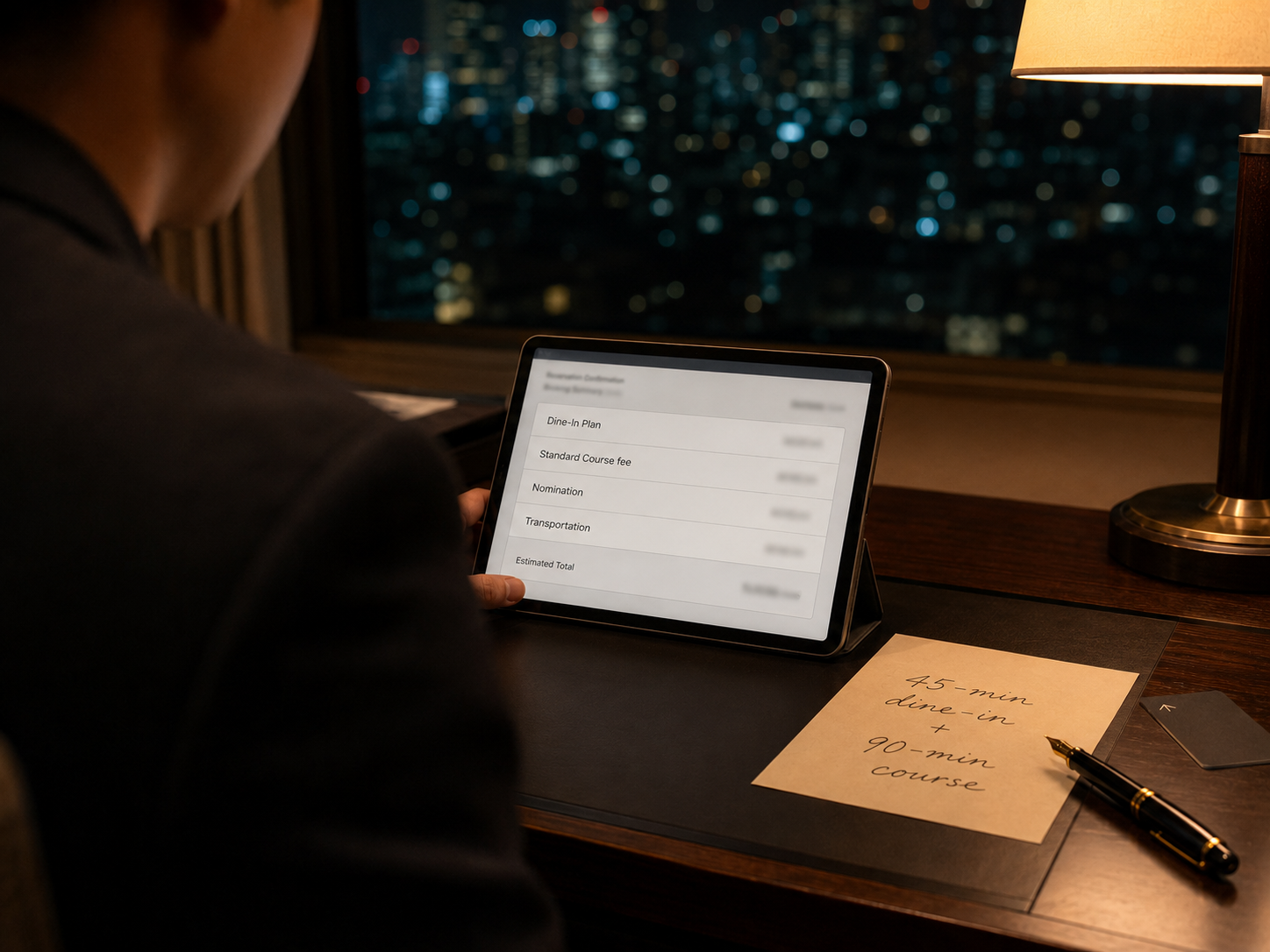 Written booking confirmation showing takunomi dine-in plan stacked with standard course fees for Tokyo outcall—editorial desk scene