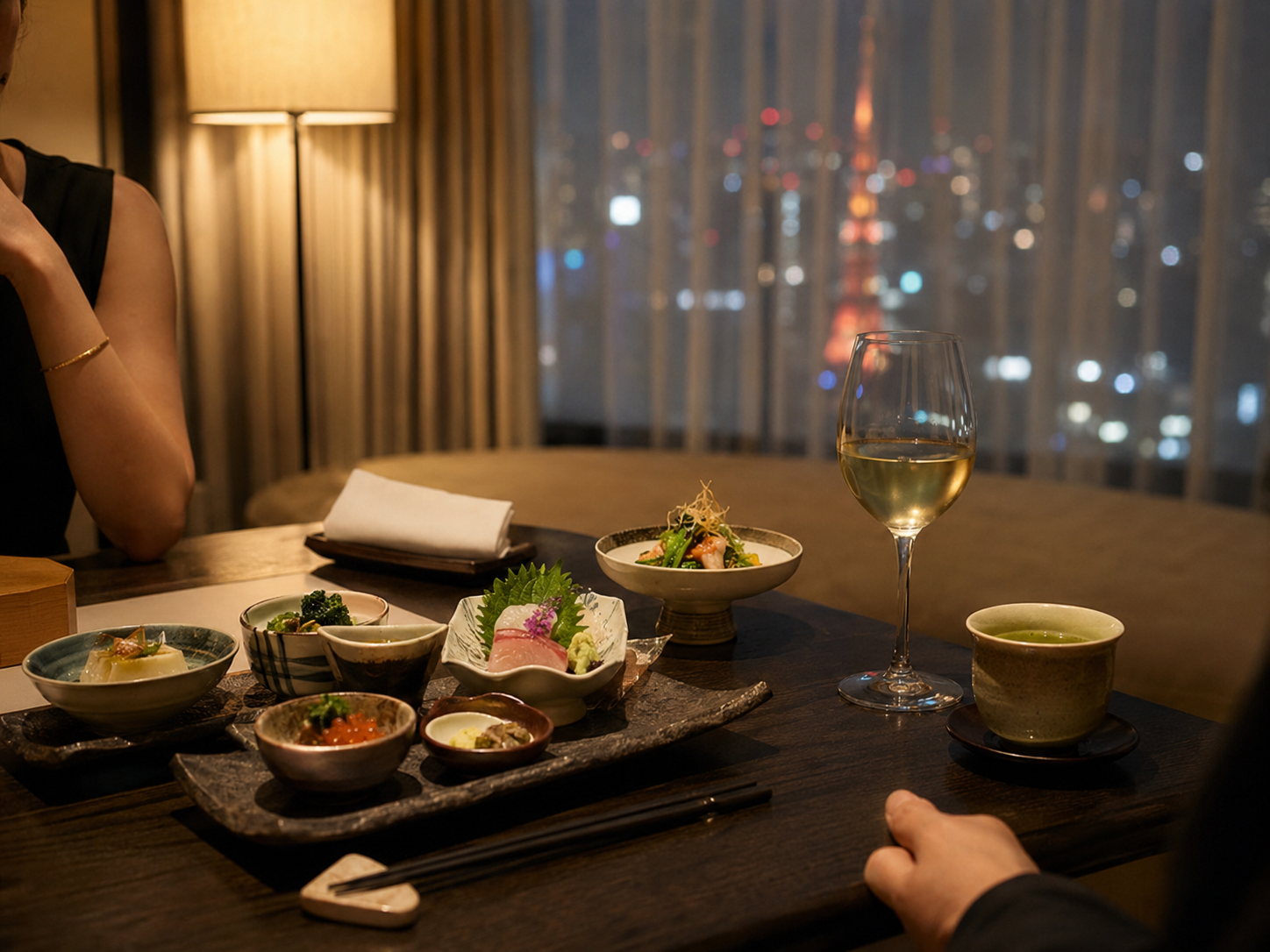 Tokyo luxury hotel room dine-in takunomi plan scene with table setting and drinks—companion visit for shared meal time without identifiable faces