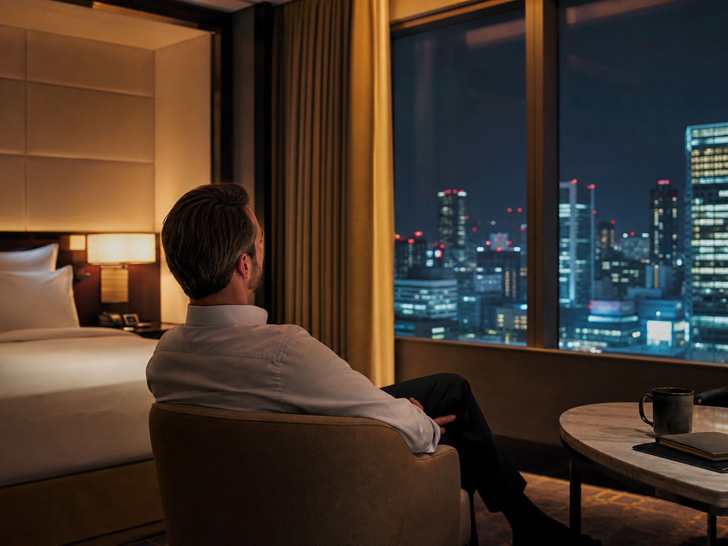 Foreign hotel guest relaxed in a central Tokyo luxury hotel room, the setting where an excellent service companion type matters most