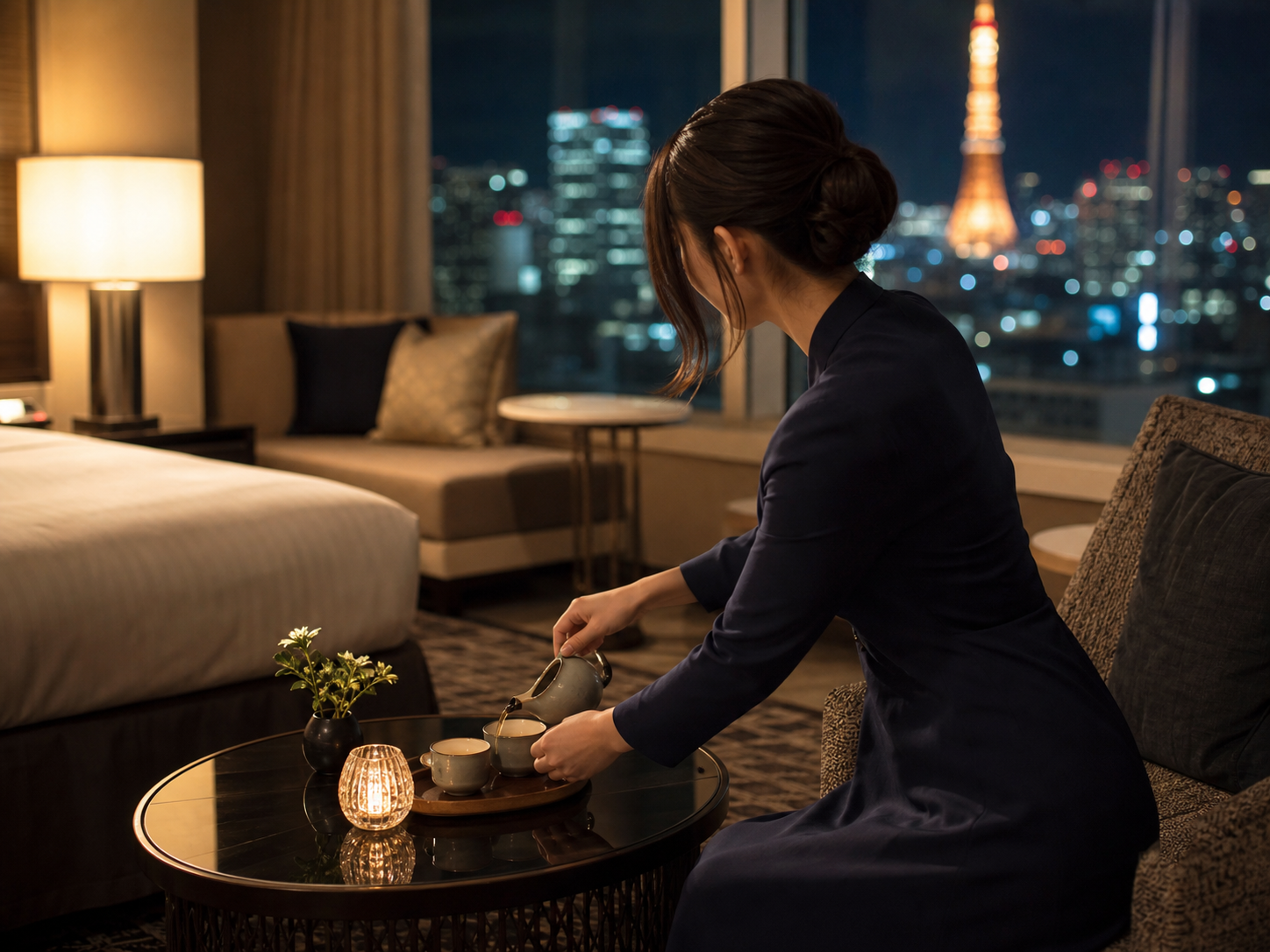 Service-focused companion in a Tokyo hotel room performing an attentive hospitality gesture, illustrating what an excellent service companion does