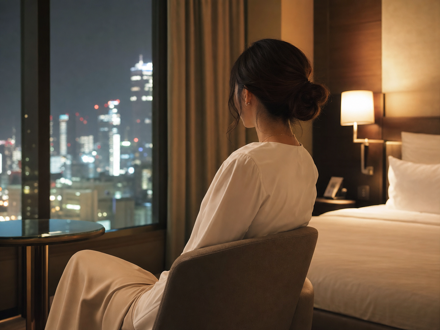 Verified service-focused companion composed in a refined Tokyo hotel room, representing MIRAI TOKYO's excellent service companion type