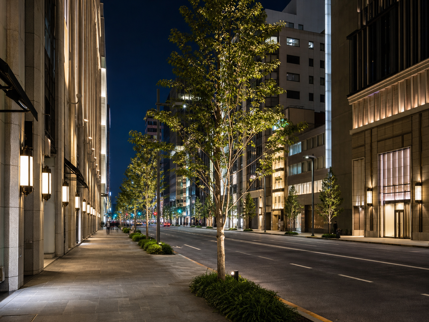Ginza and Chuo Tokyo at night with refined city streets, hotel buildings and quiet commercial district atmosphere