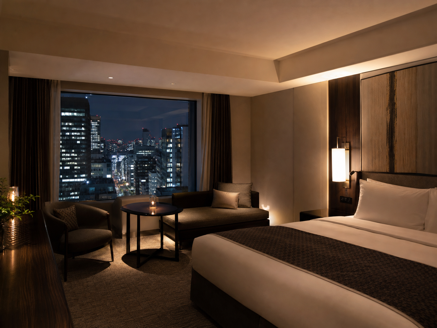 Premium Ginza or Chuo hotel room at night with city lights, suitable private-room context for outcall