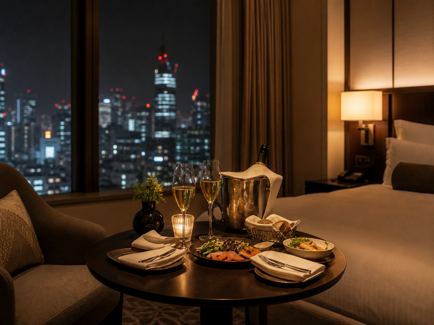A quiet Tokyo hotel room at night with the city lights beyond the window, evoking a business traveler's evening alone