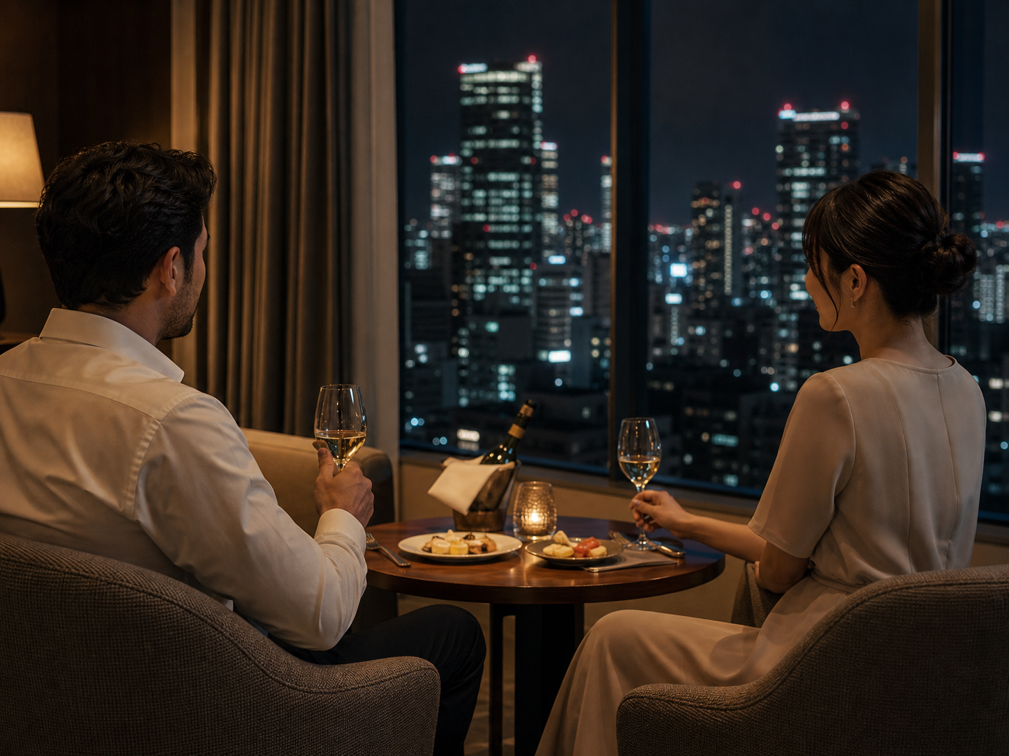 A companion and a guest sharing a calm conversation by the window of a Tokyo hotel room in the evening