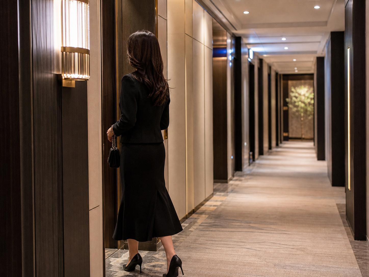 A companion arriving discreetly along a quiet hotel corridor in Minato Tokyo, seen from behind in a coat—outcall dispatch arrival