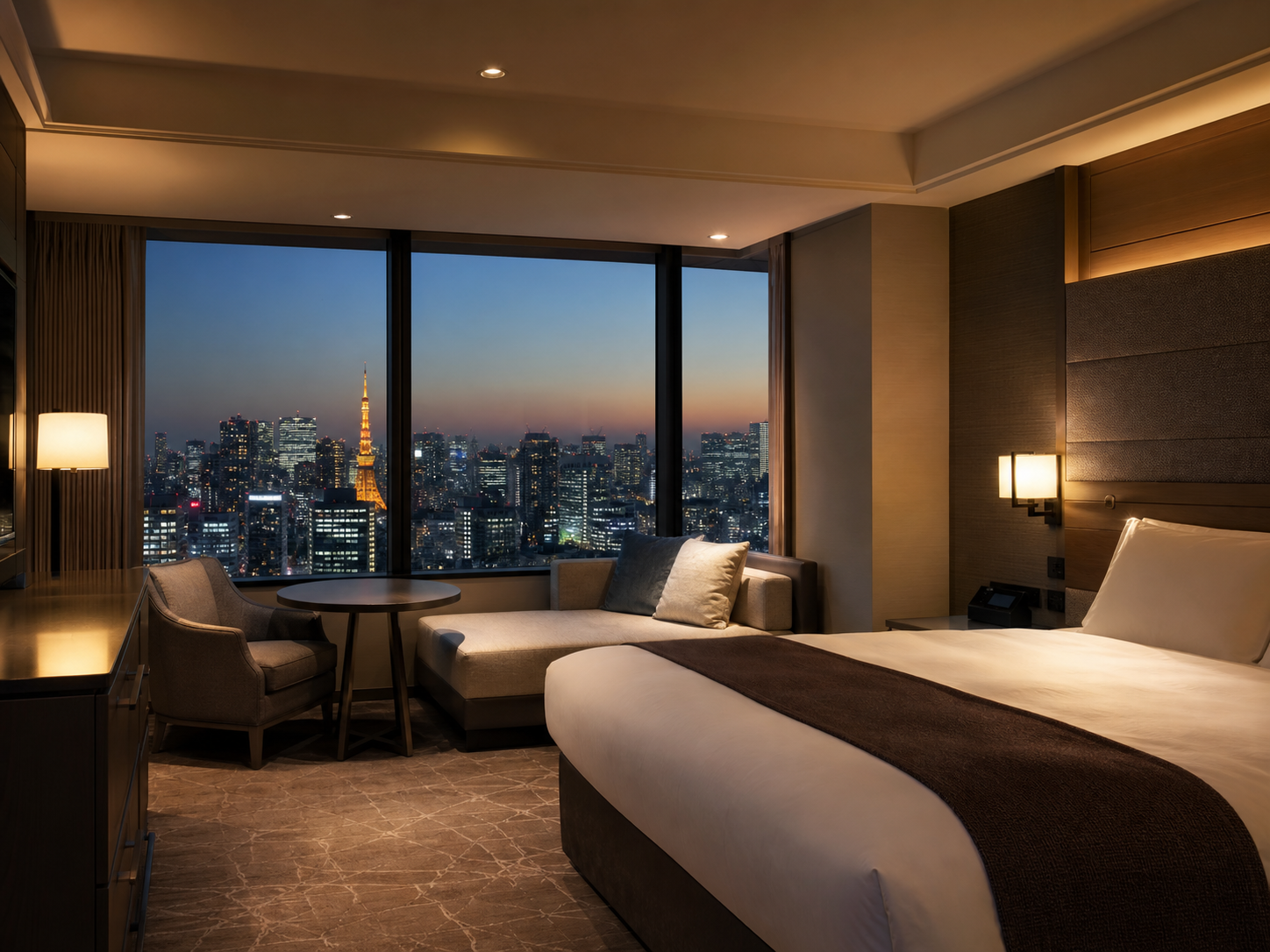 View from an upper-floor city hotel room in Roppongi Minato Tokyo at night, showing the lit skyline through the window—outcall stay context