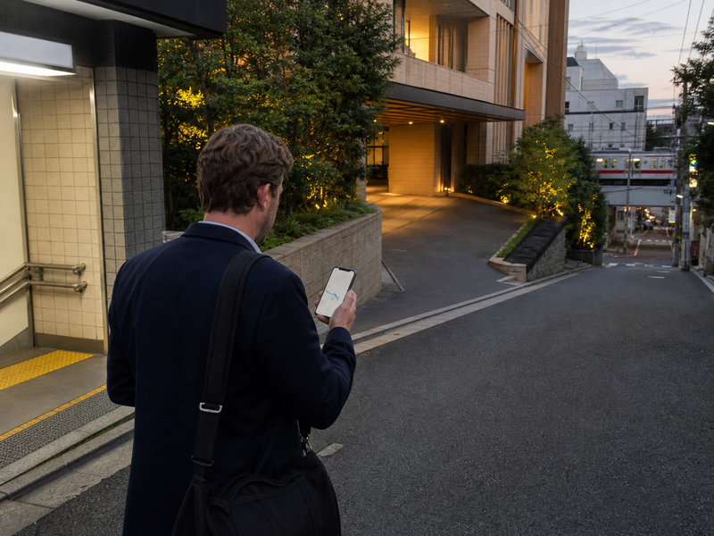 Hotel guest checking a Bunkyo address, station, entrance, and room-ready time