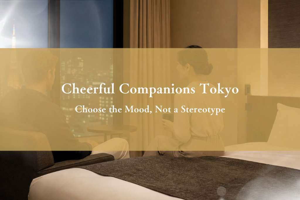 Adult Japanese companion and foreign guest sharing a bright, relaxed conversation in a Tokyo hotel room