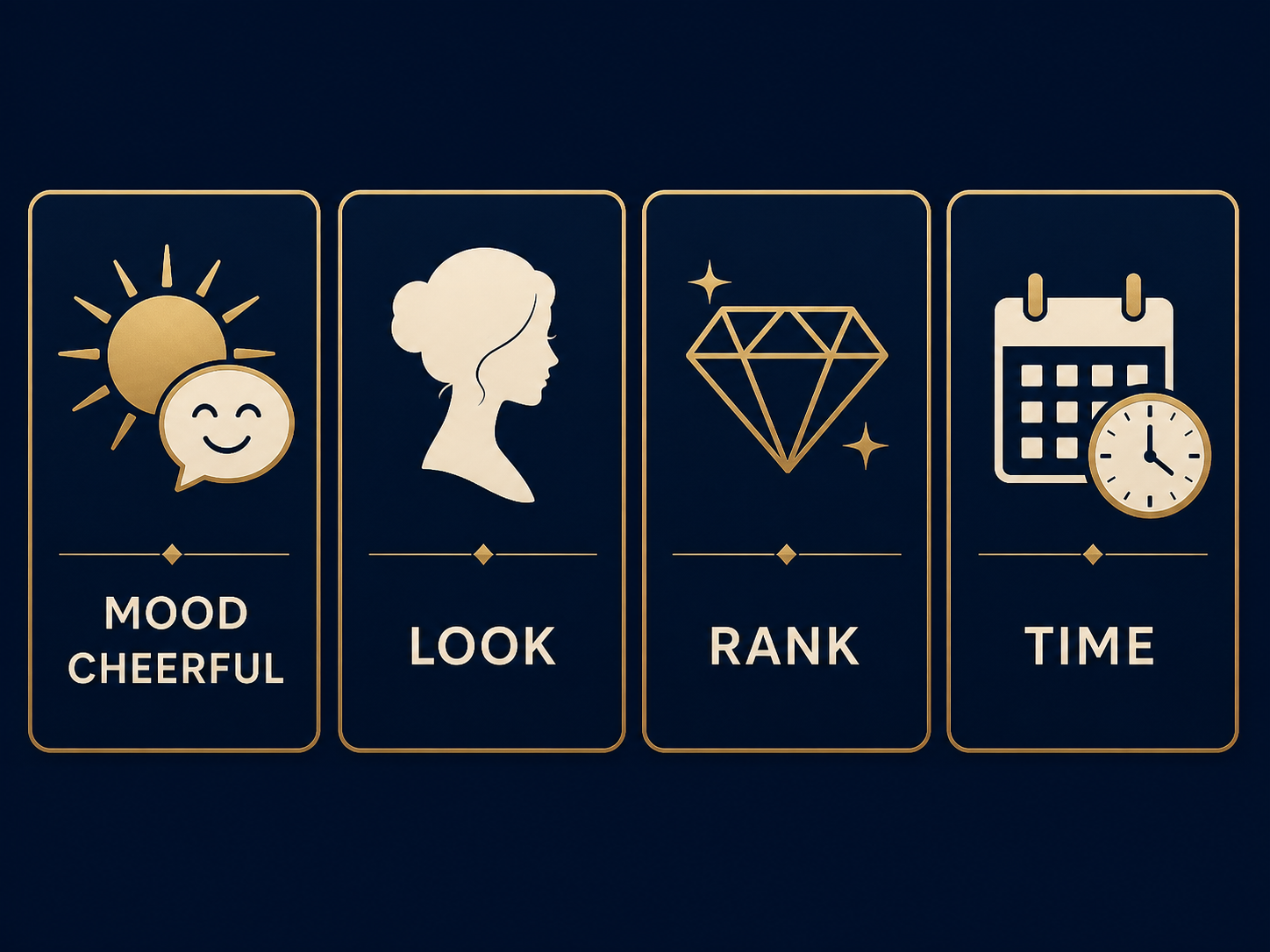 Companion profile interface separating a Cheerful feature tag from appearance, rank, and availability information