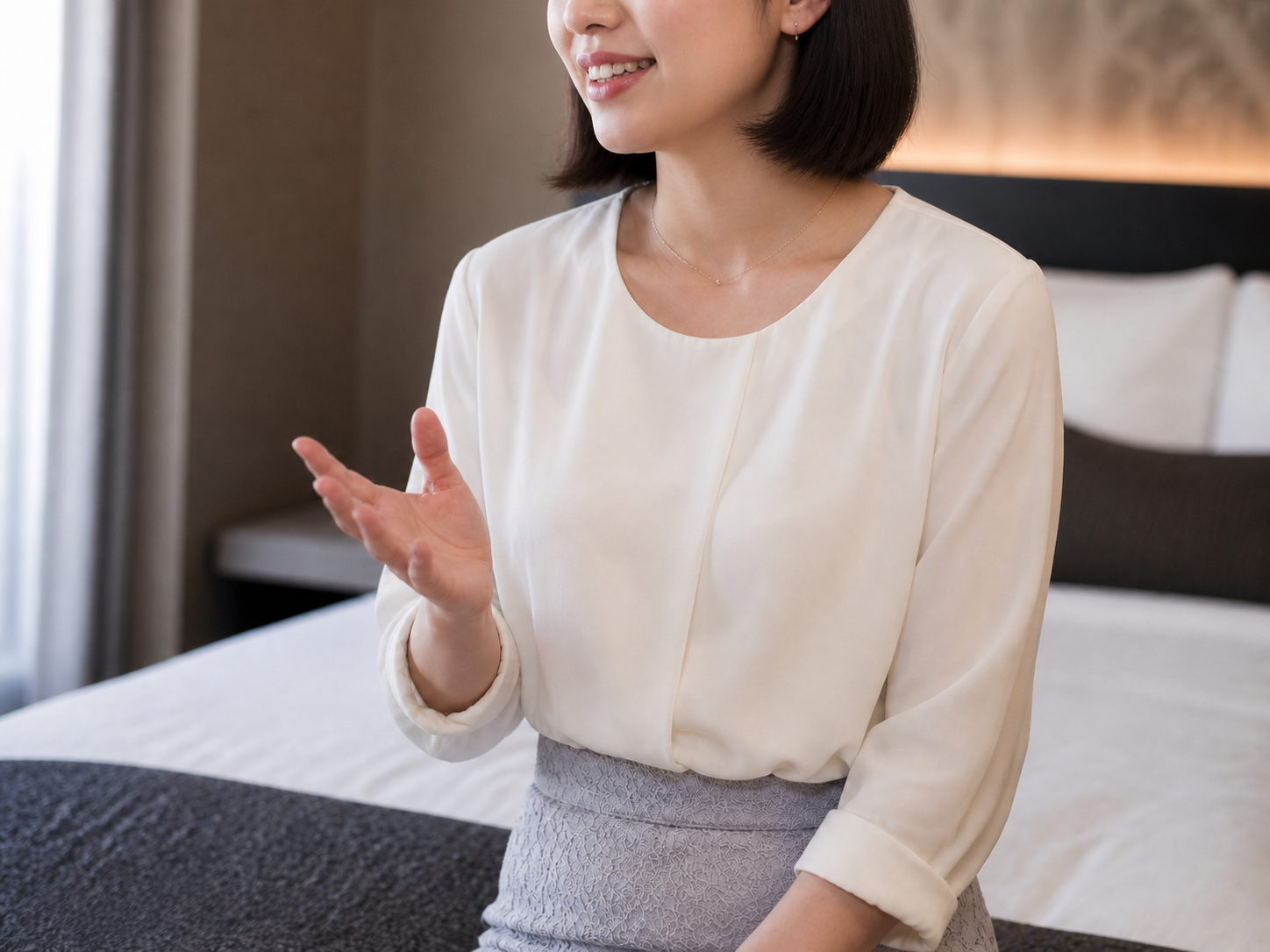 Adult Japanese companion sharing a bright, relaxed conversation in a Tokyo hotel room