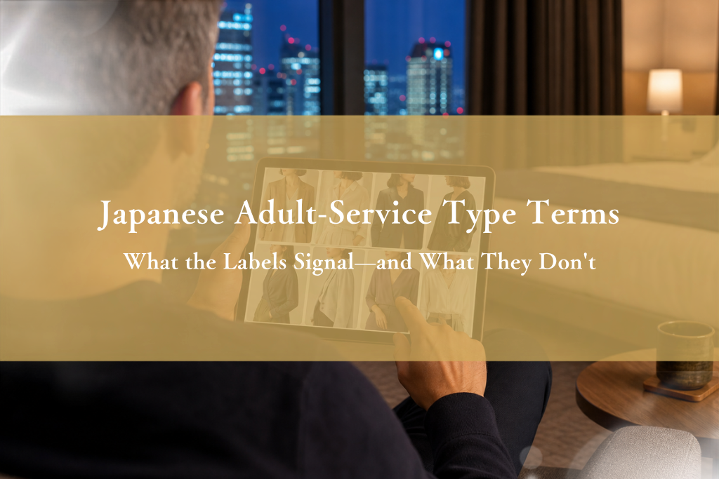 Foreign adult guest comparing several clearly adult Japanese companion profile styles on a tablet