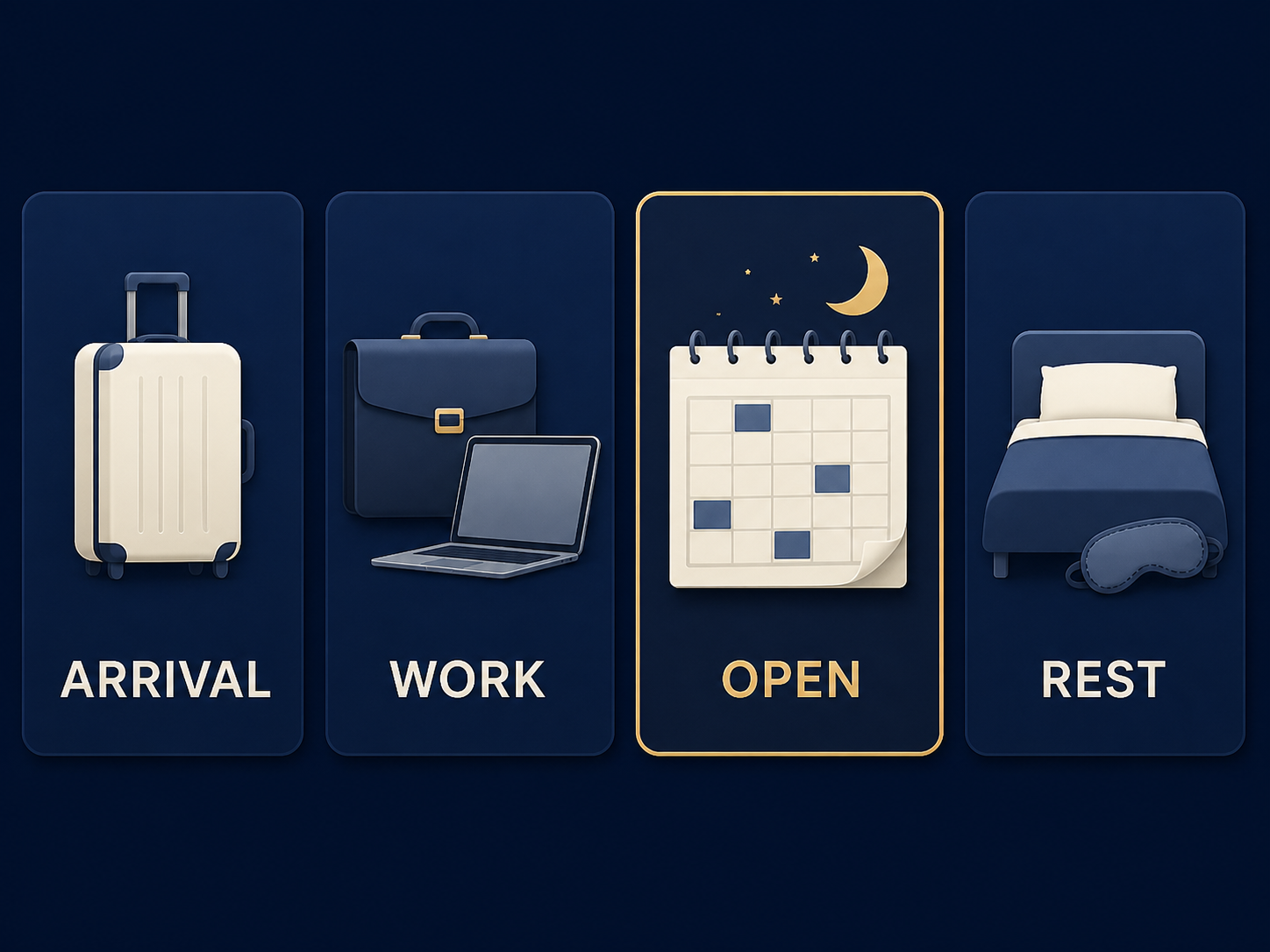 Four labeled Tokyo evening cards for arrival, work, open time, and rest, with the open evening highlighted