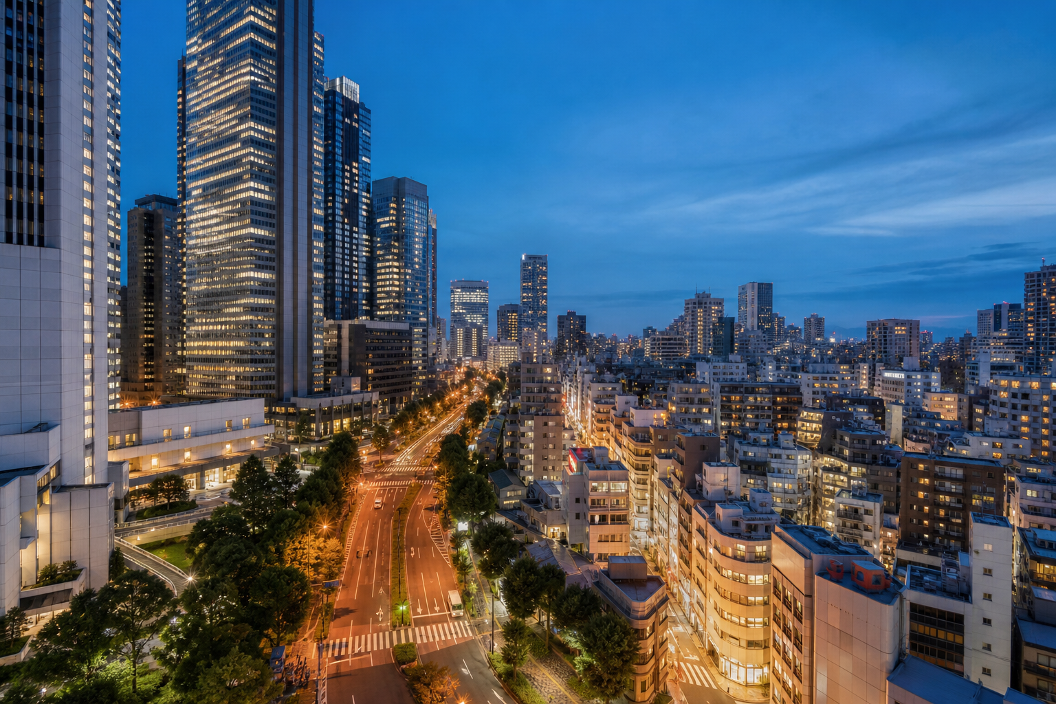 The contrasting hotel settings of West Shinjuku towers and the compact streets east of Shinjuku Station