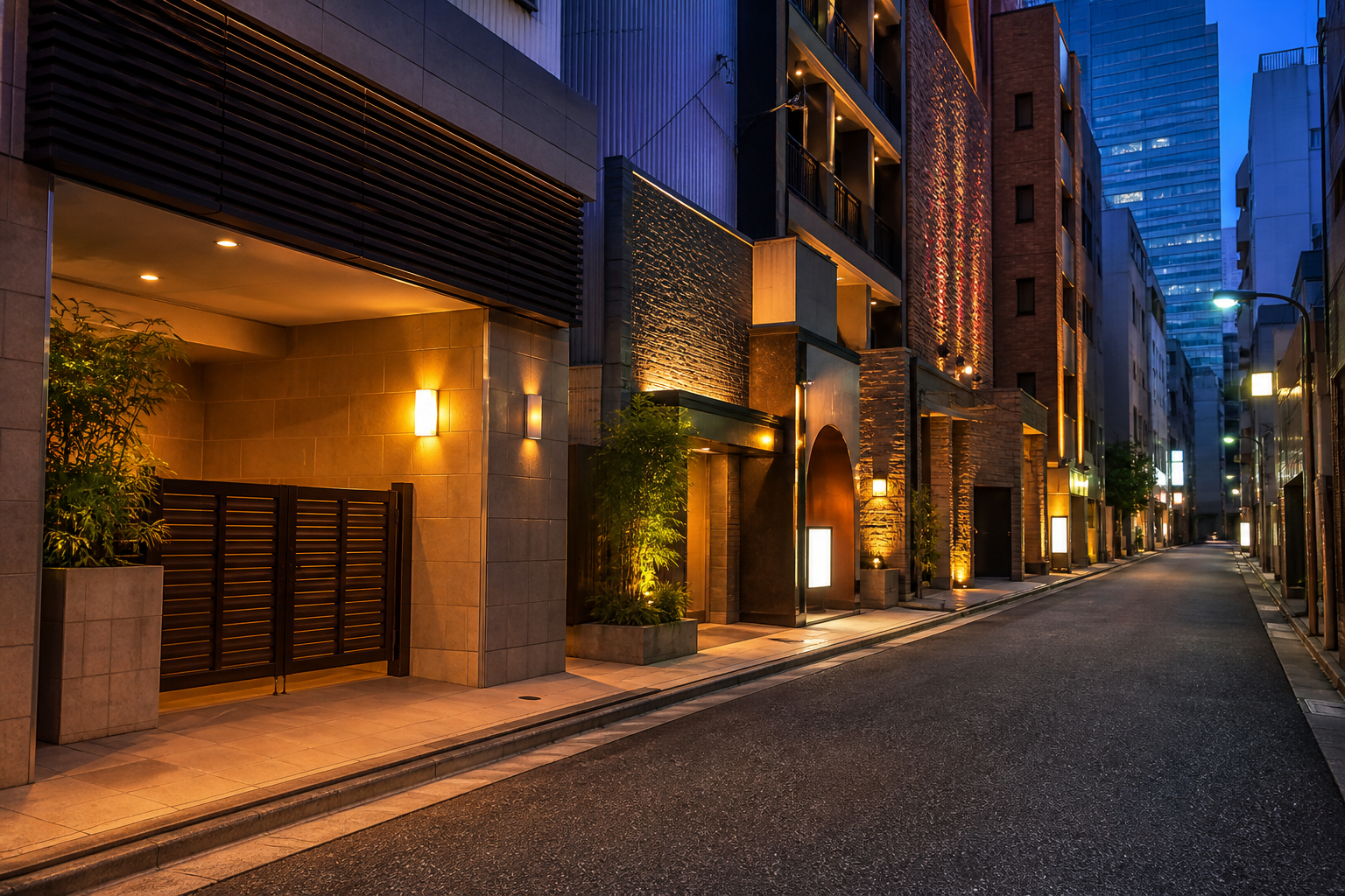 A discreet cluster of varied hotel entrances on a Shinjuku nightlife street