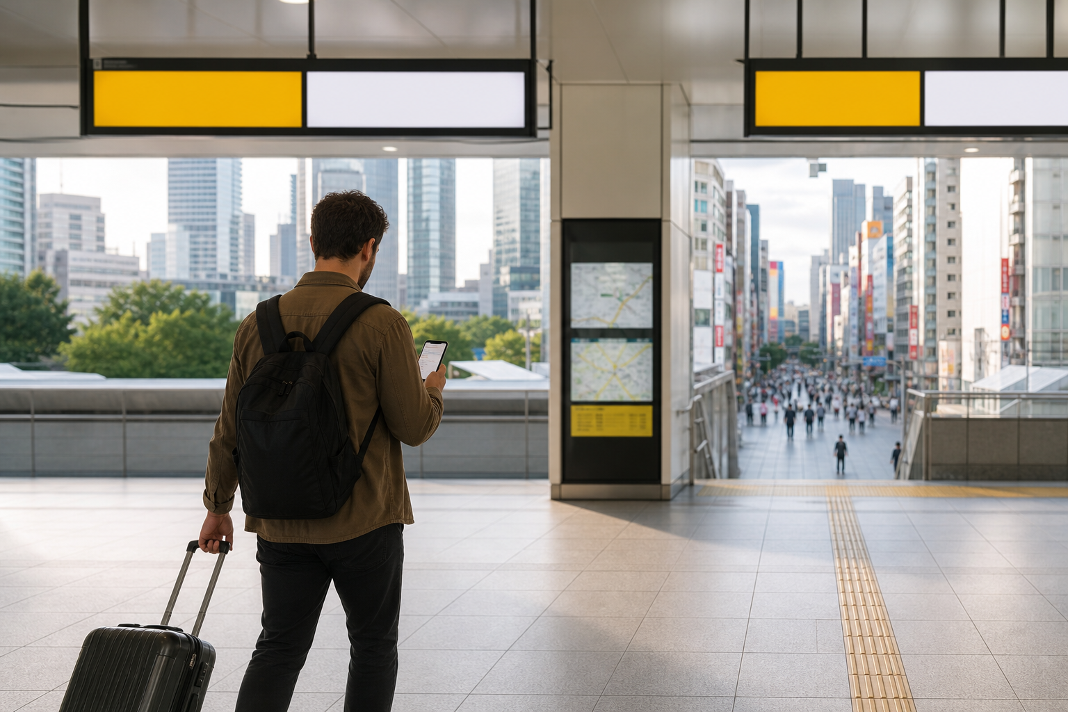 An adult traveler choosing a practical route on the correct side of Shinjuku Station