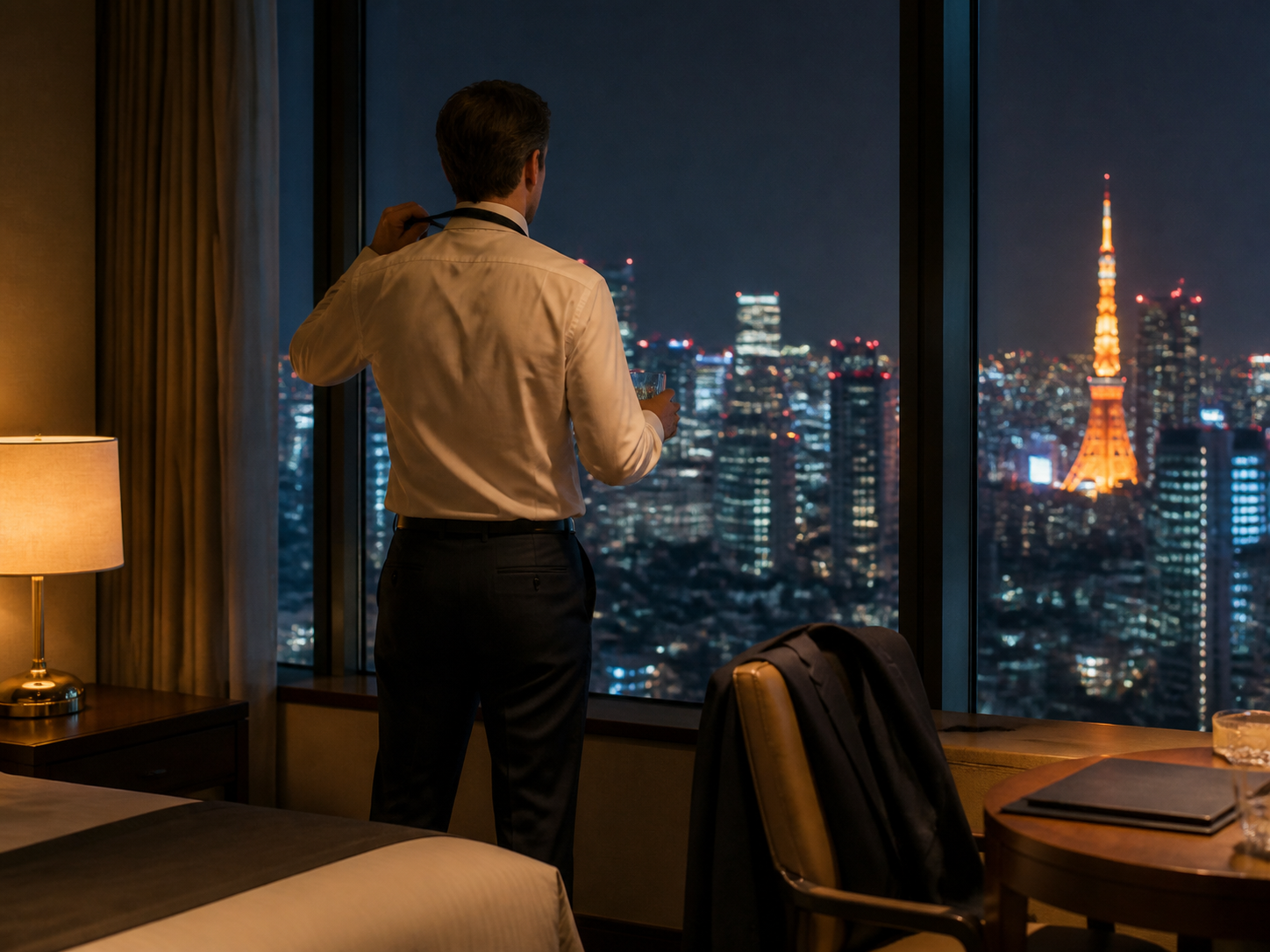 An adult international business traveler looking over Tokyo from his hotel room after completing a successful day