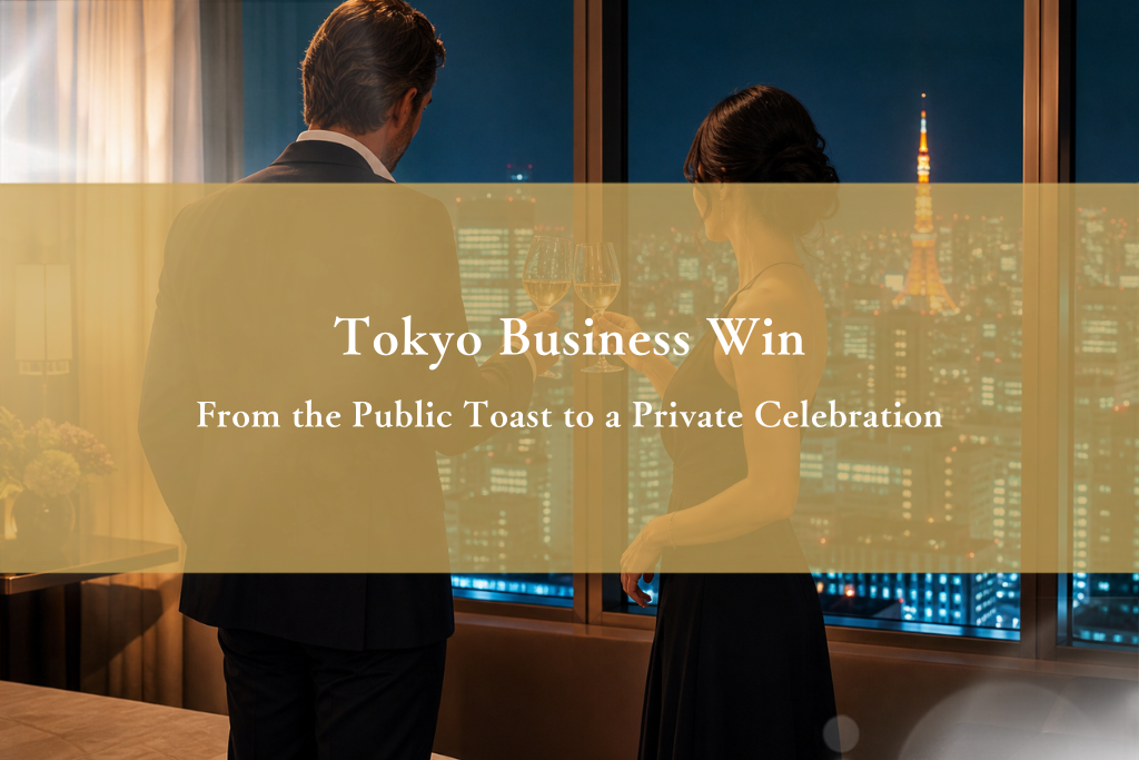 An adult international businessman and an adult Japanese companion sharing a celebratory toast in a Tokyo hotel room at night