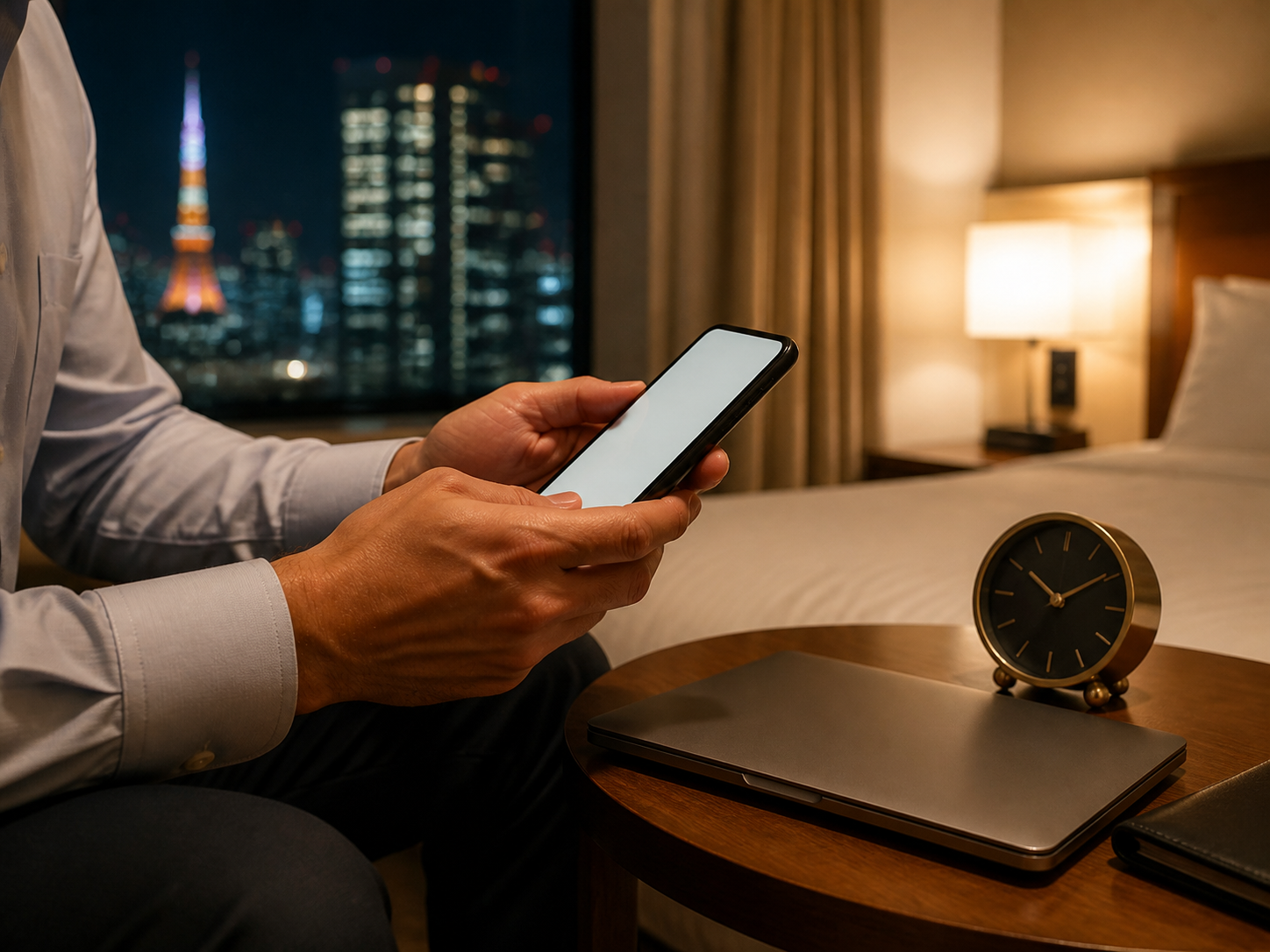 A hotel room clock, smartphone and Tokyo night view representing careful timing after a business celebration