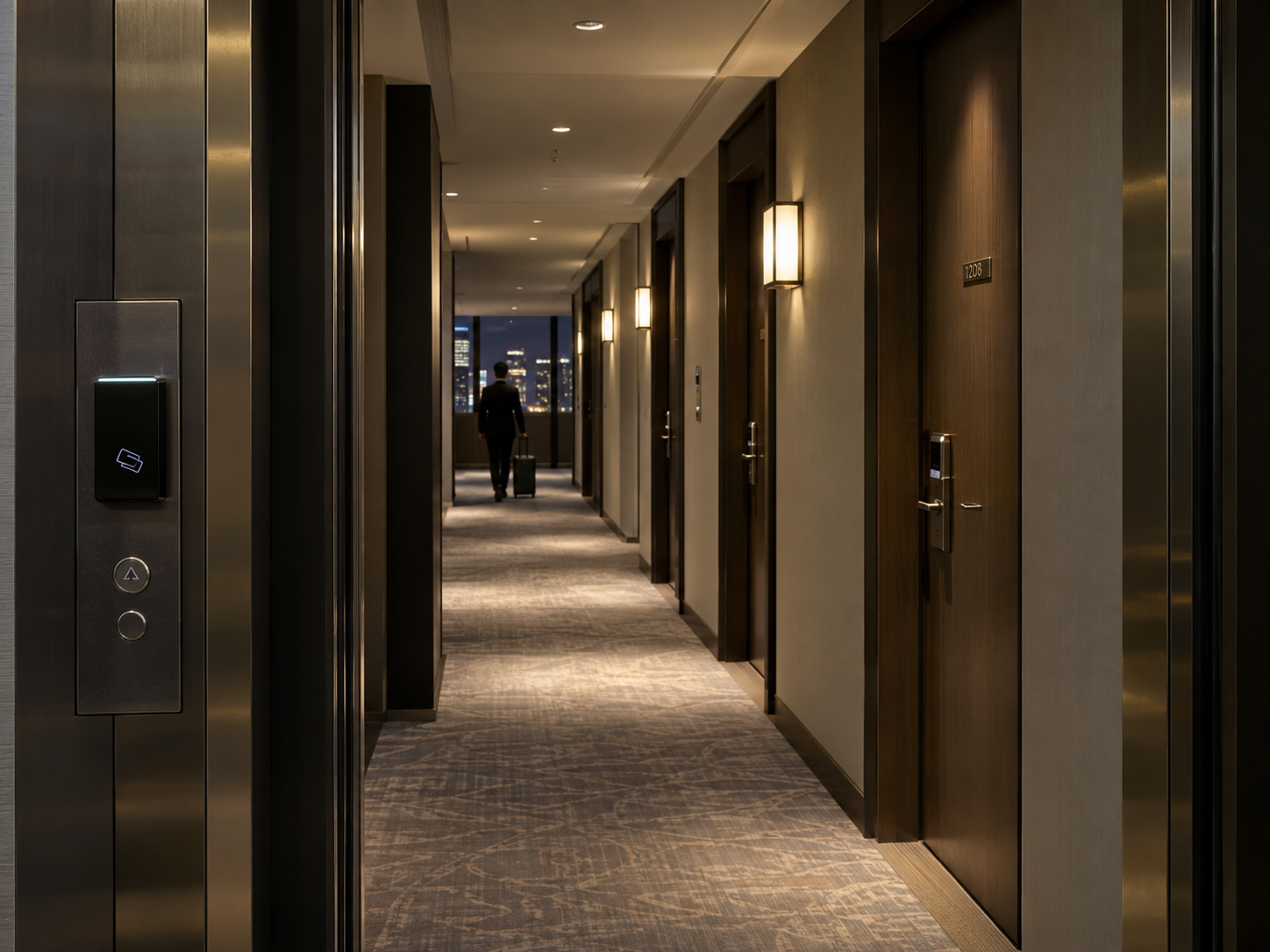 Secure guest-floor elevator and hotel corridor illustrating property-specific visitor access