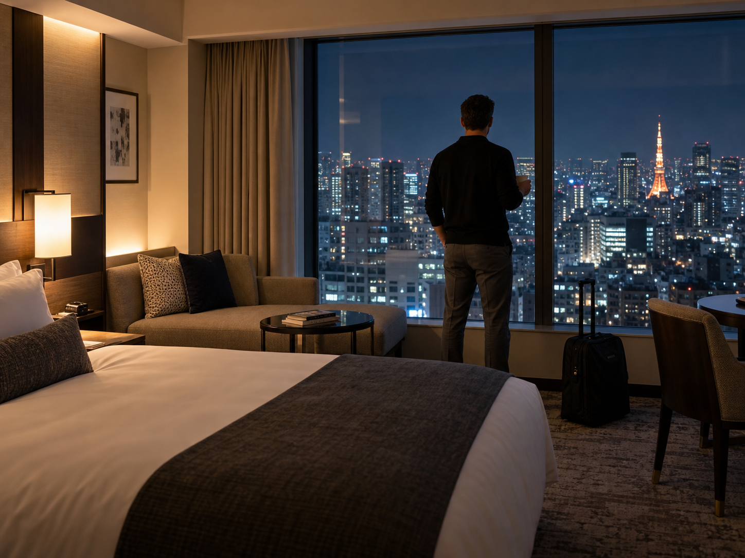 Adult international traveler looking over Tokyo from a quiet hotel room late at night
