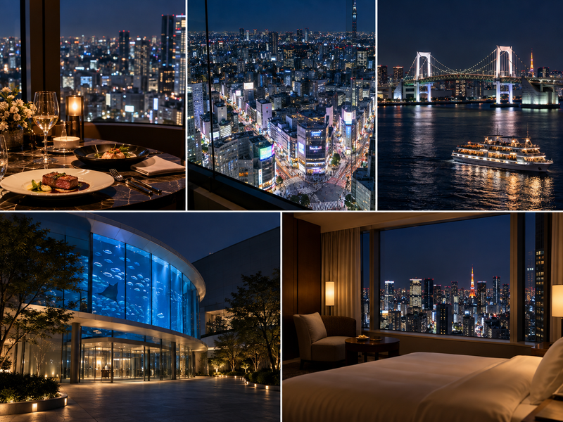 Five distinct Tokyo evening choices including dining, skyline, cruise, entertainment, and private hotel time