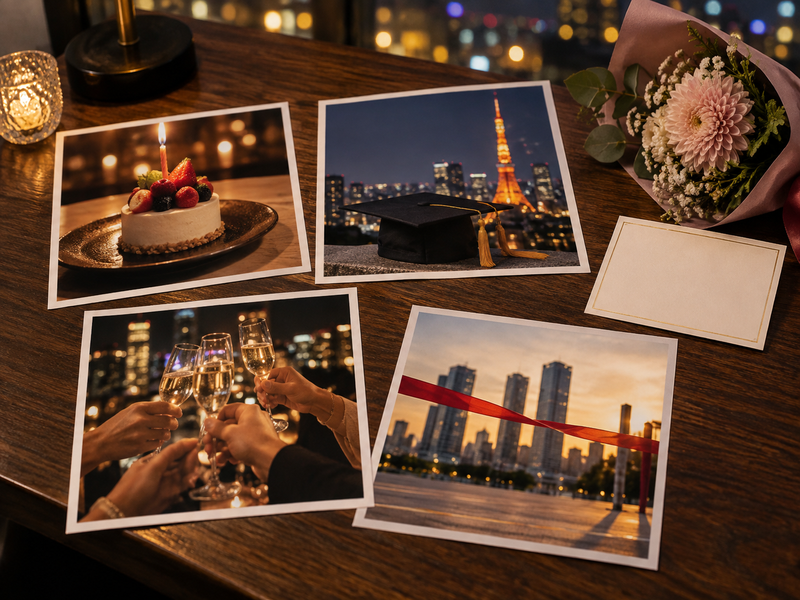 Tokyo photographs representing a birthday, graduation, reunion, and personal achievement