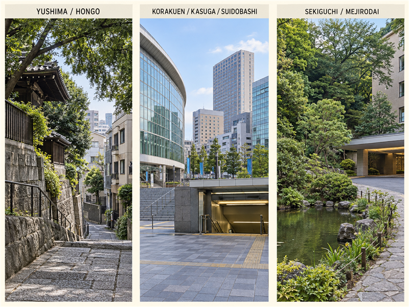 Three clearly separated planning panels for Yushima and Hongo, Korakuen and Suidobashi, and Sekiguchi and Mejirodai