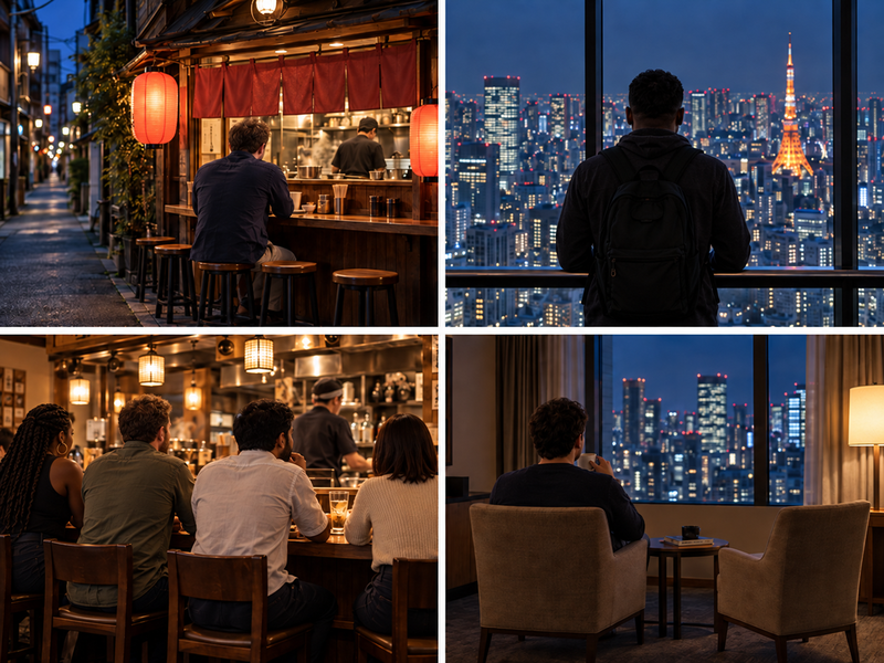 Diverse adult international travelers choosing four paths for a first Tokyo evening: staying near the hotel, seeing the city, socializing and spending private time