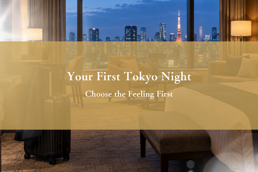 Blue-hour Tokyo hotel room ready for an adult traveler's first evening in the city
