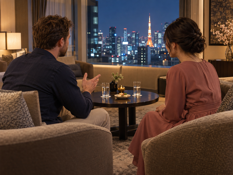 Two clearly adult people having a calm conversation with respectful personal space in a private Tokyo hotel seating area