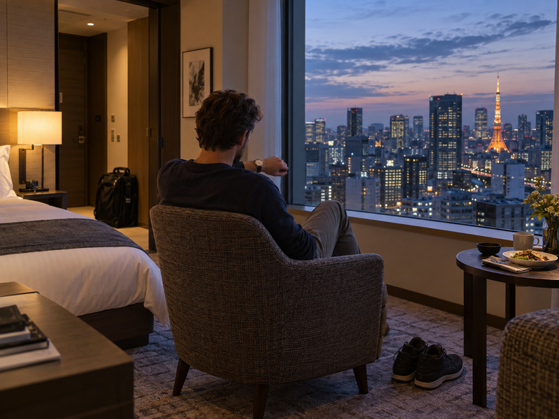 Adult traveler in a Tokyo hotel room considering the remaining time, energy and evening options after check-in